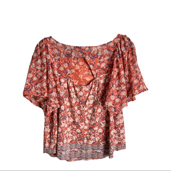 LUCKY BRAND || Floral Blouse with Back Cutout and Flutter Sleeves Large - Picture 9 of 16